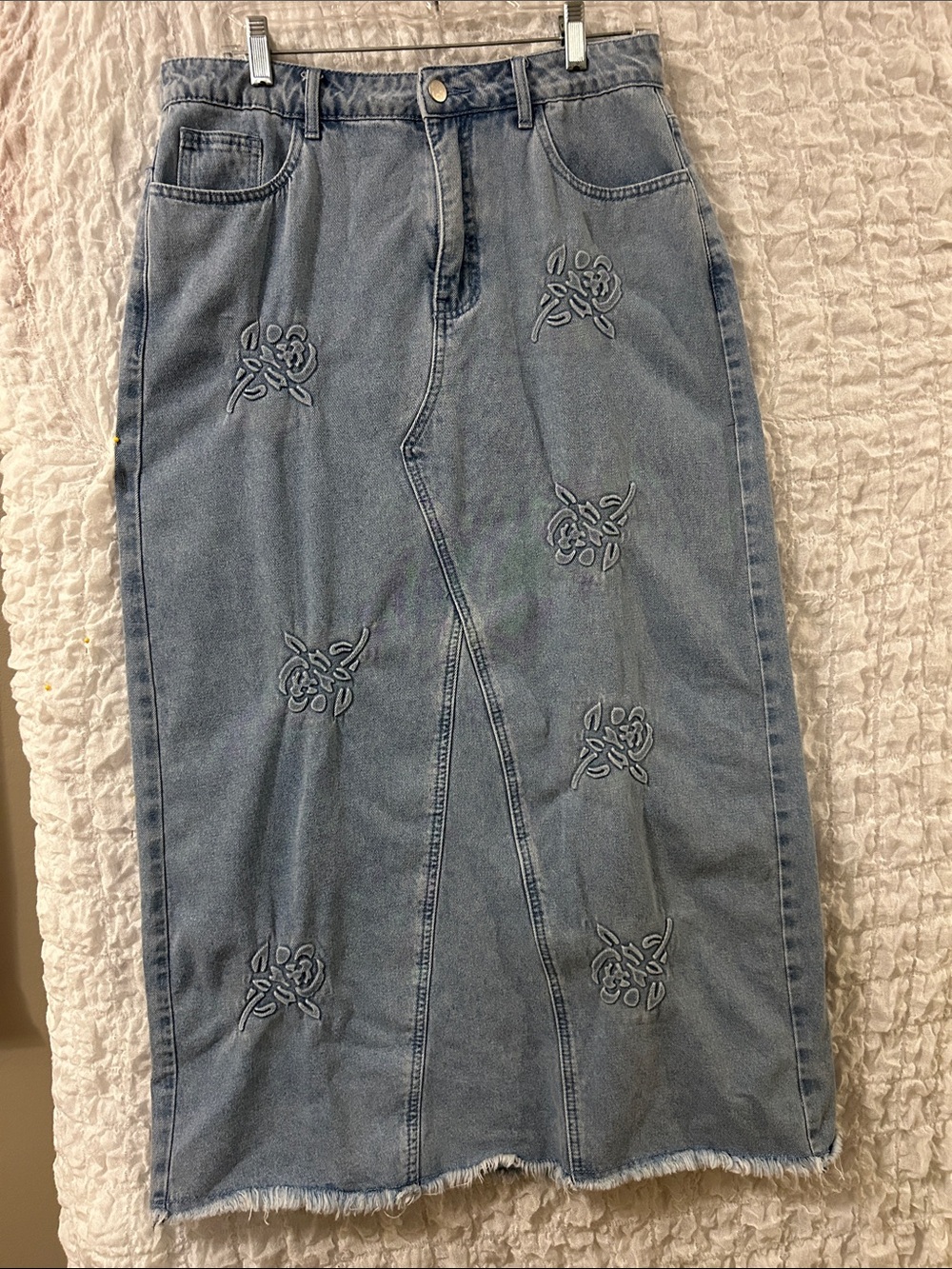 Denim Maxi Skirt, Frayed Hem, Size: Large